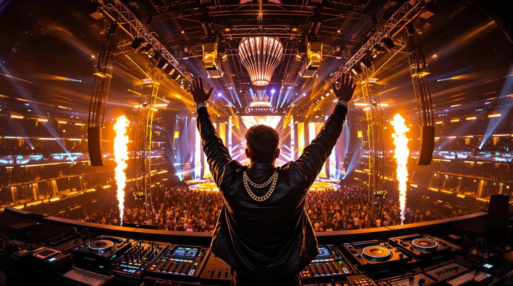 DJ performance with dramatic lighting and pyrotechnics